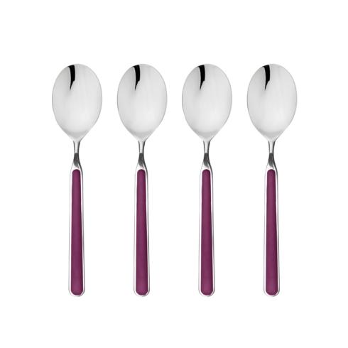 Four silver spoons with purple handles on a white background