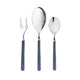 Set of silver cutlery with blue handles on a white background