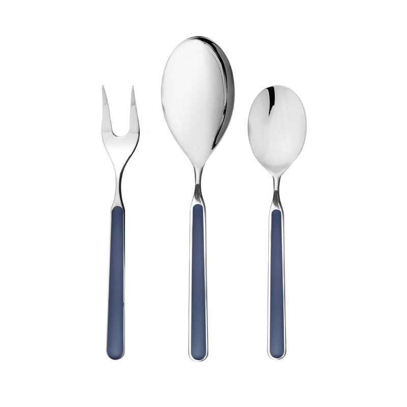 Set of silver cutlery with blue handles on a white background