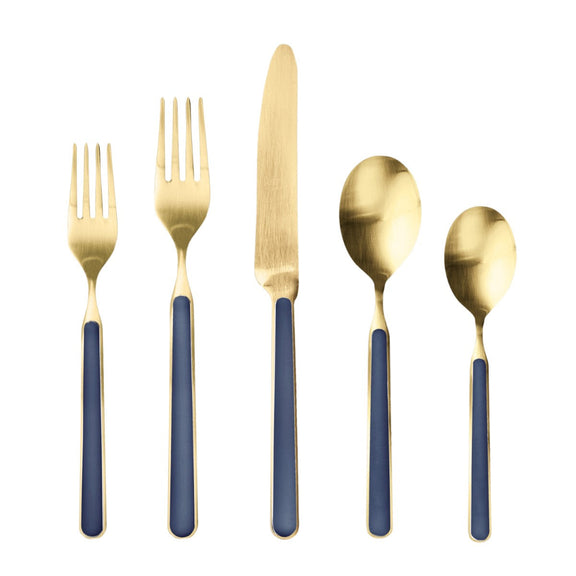 Set of gold cutlery with blue handles on a white background