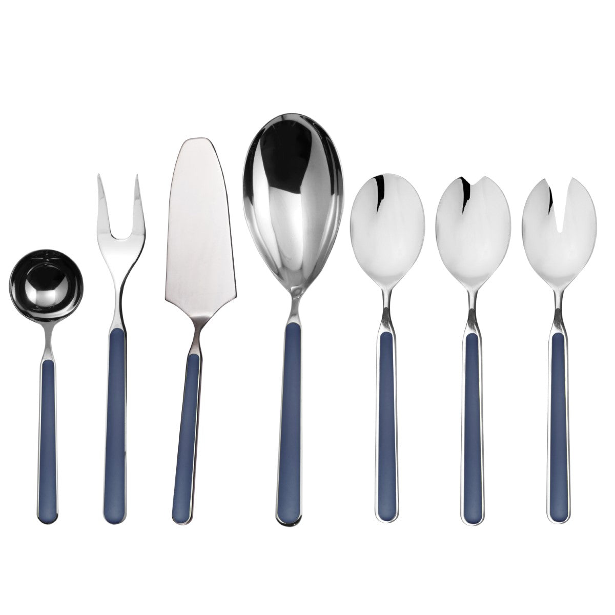 Set of silver cutlery with blue handles on a white background