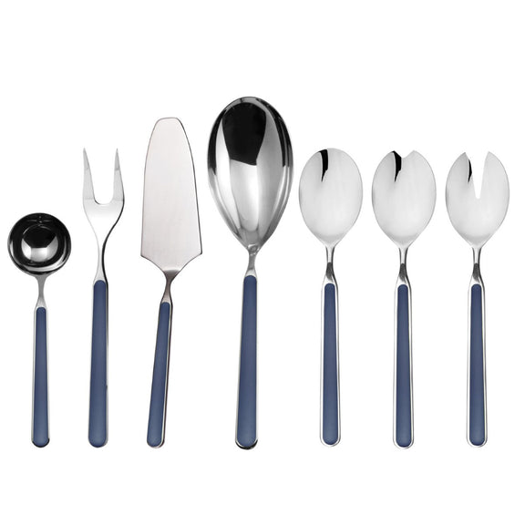 Set of silver cutlery with blue handles on a white background