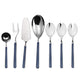 Set of silver cutlery with blue handles on a white background