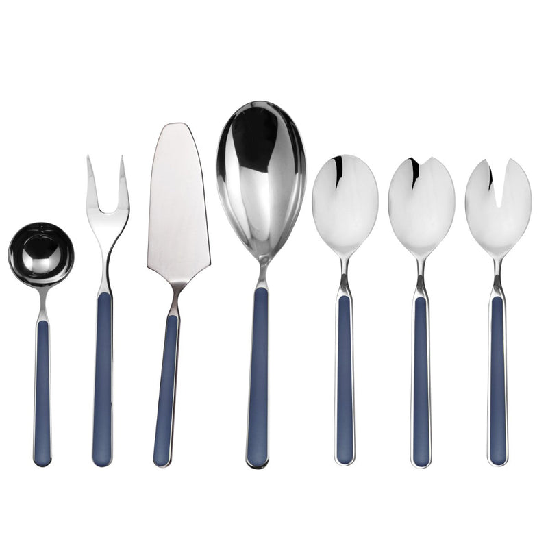 Set of silver cutlery with blue handles on a white background