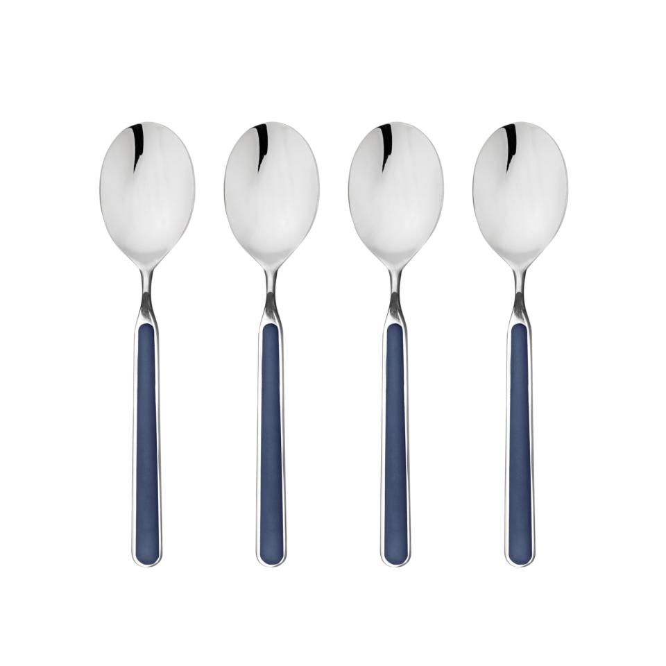 Four silver spoons with blue handles on a white background