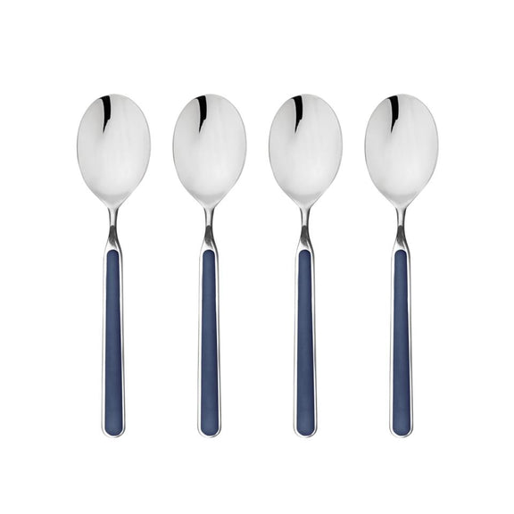 Four silver spoons with blue handles on a white background