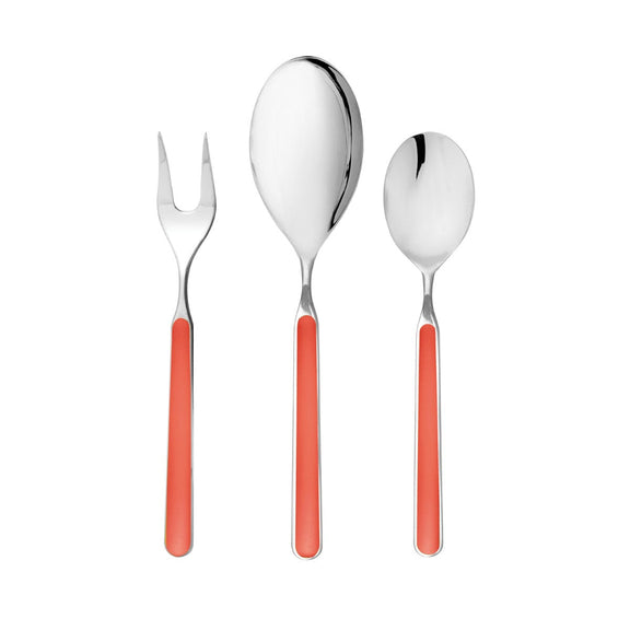 Set of silver cutlery with coral handles on a white background