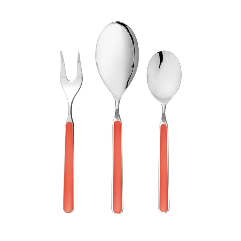Set of silver cutlery with coral handles on a white background