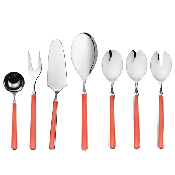 Set of silver cutlery with coral handles on a white background