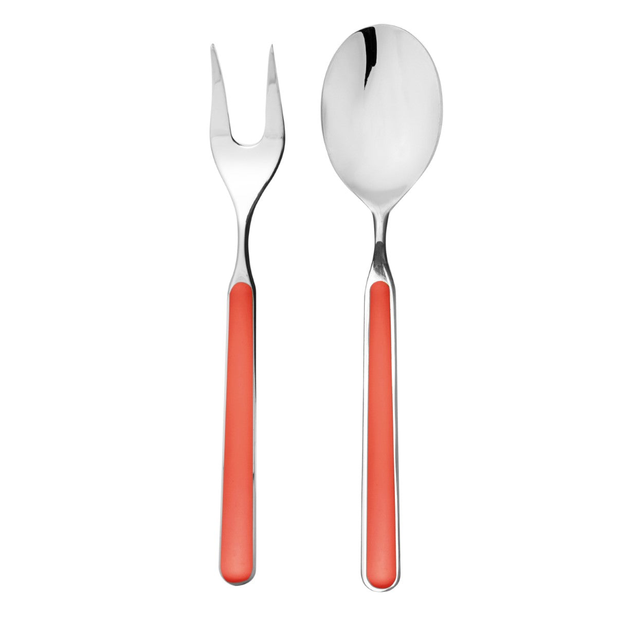Spoon and fork with coral handles on a white background