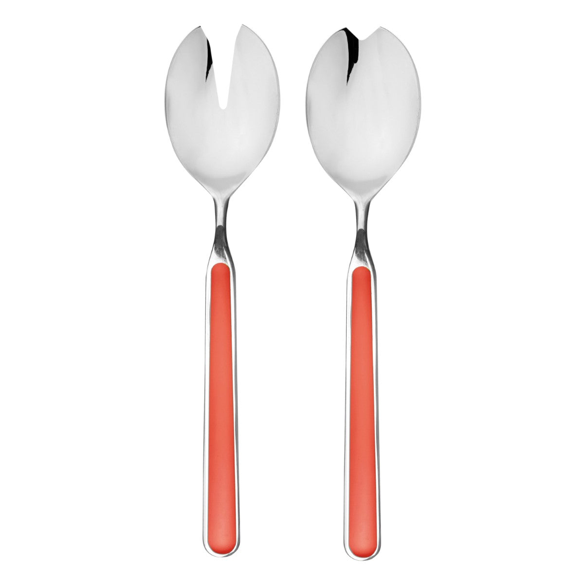 Two silver spoons with coral handles on a white background