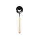 Spoon with black bowl and beige handle on a white background