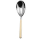 Silver spoon with a beige handle on a white background