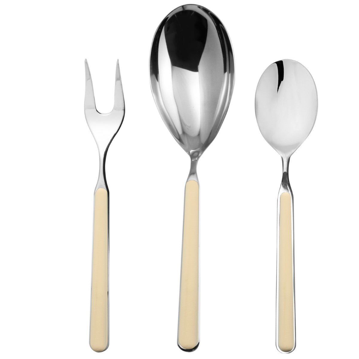 Set of silver cutlery with beige handles on a white background