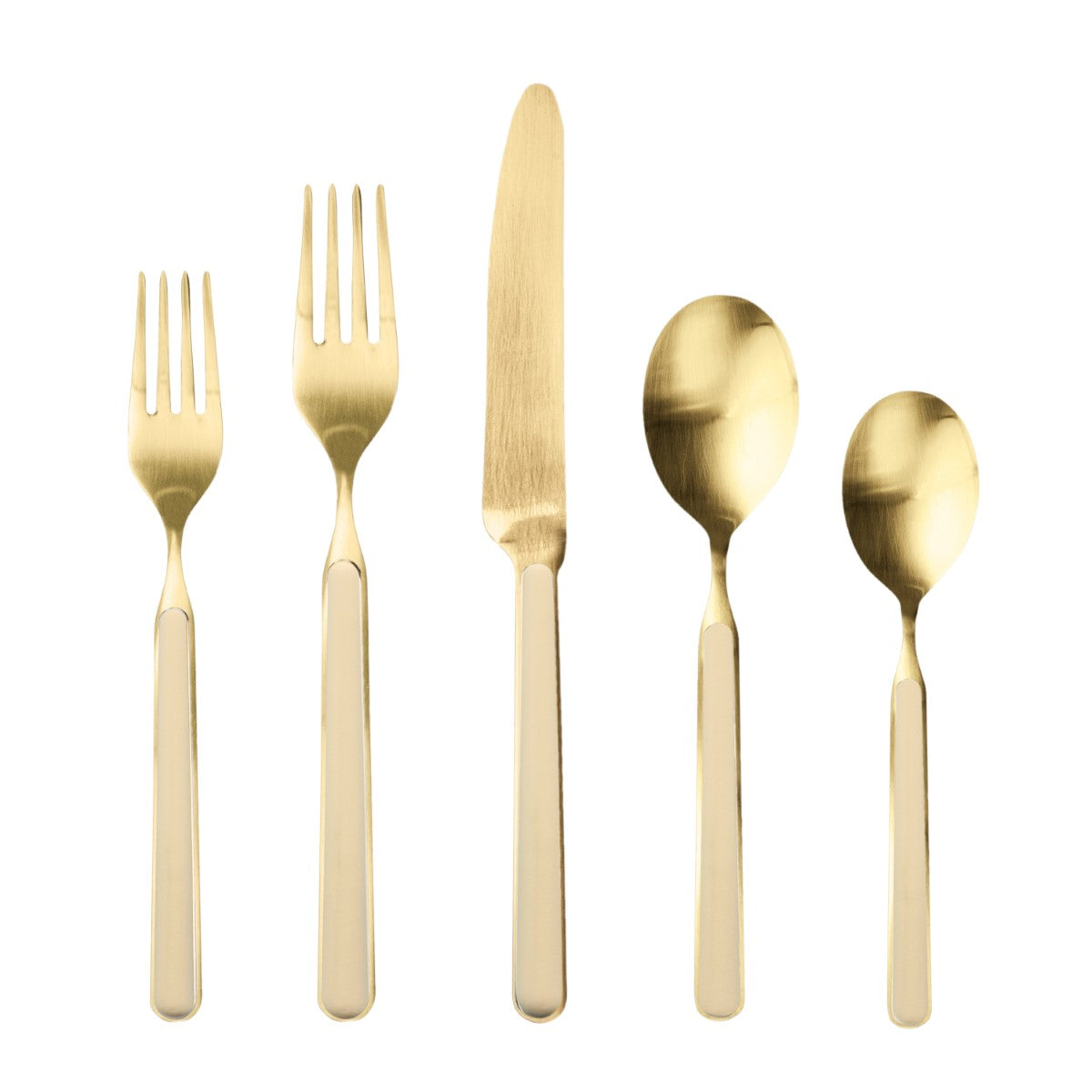 Set of gold cutlery including two forks, a knife, and two spoons on a white background.