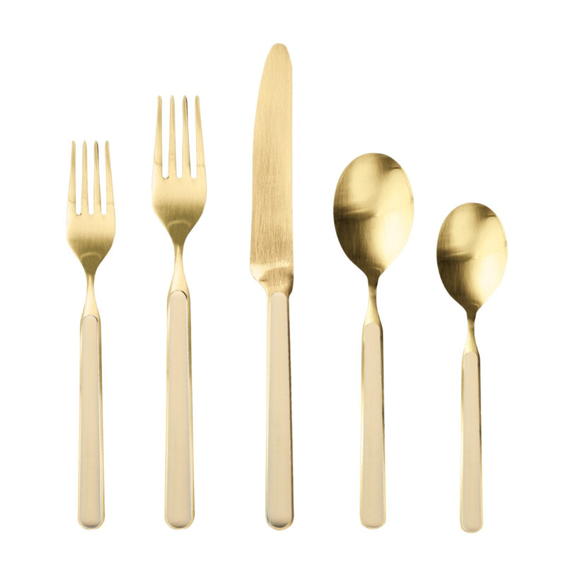 Set of gold cutlery including two forks, a knife, and two spoons on a white background.