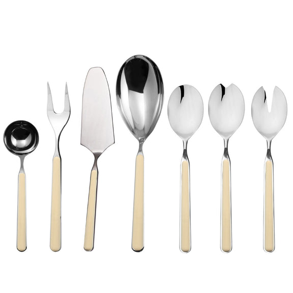 Set of silver cutlery with beige handles on a white background