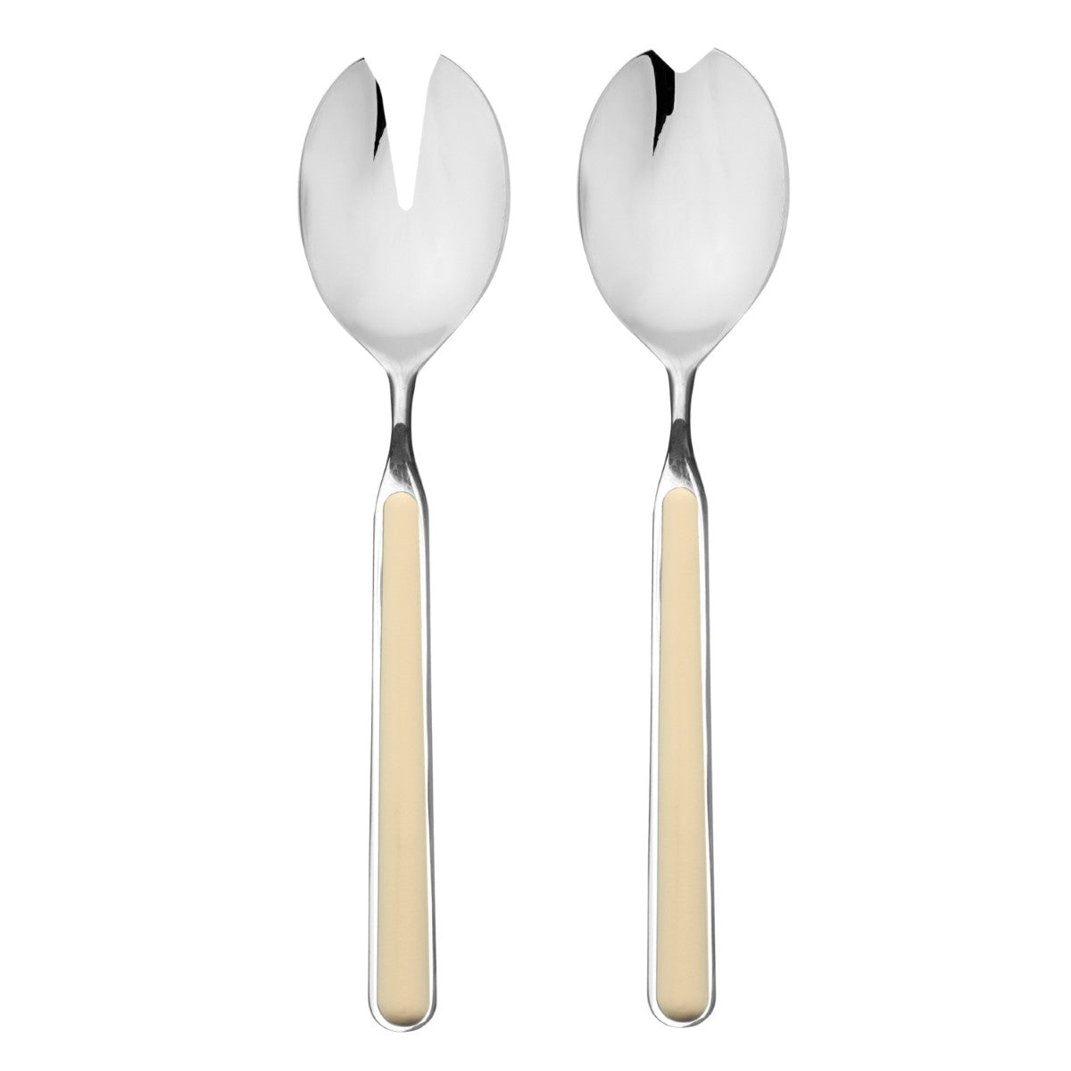 Two silver salad servers with beige handles on a white background