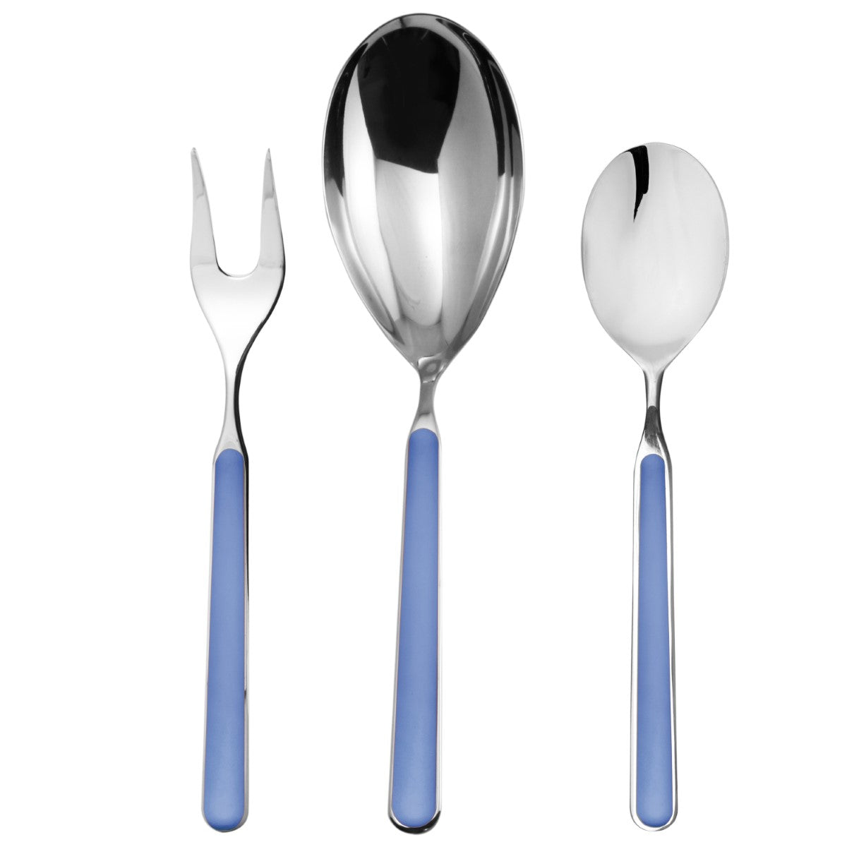 Set of silver cutlery with blue handles on a white background