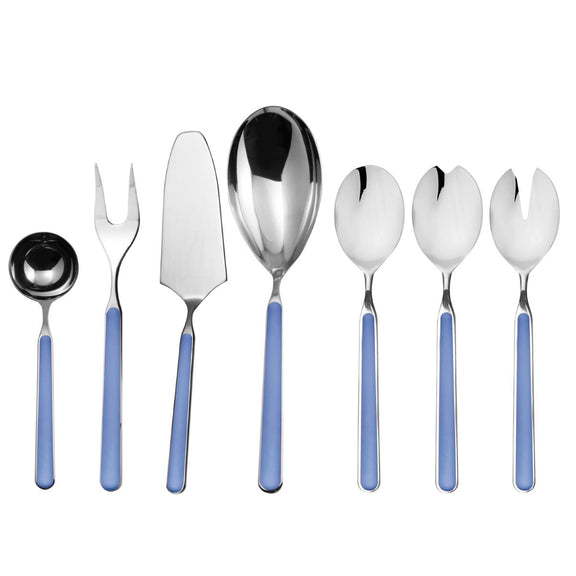 Set of silver cutlery with blue handles on a white background