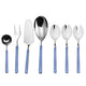 Set of silver cutlery with blue handles on a white background
