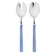 Two silver salad servers with blue handles on a white background