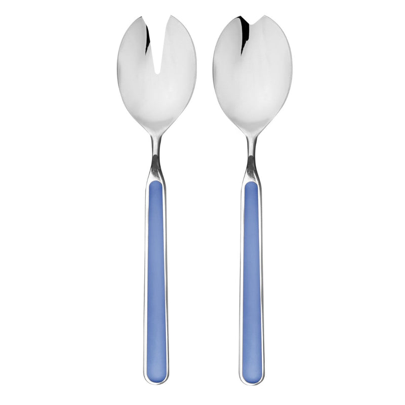 Two silver salad servers with blue handles on a white background