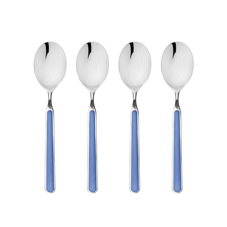 Four silver spoons with blue handles on a white background