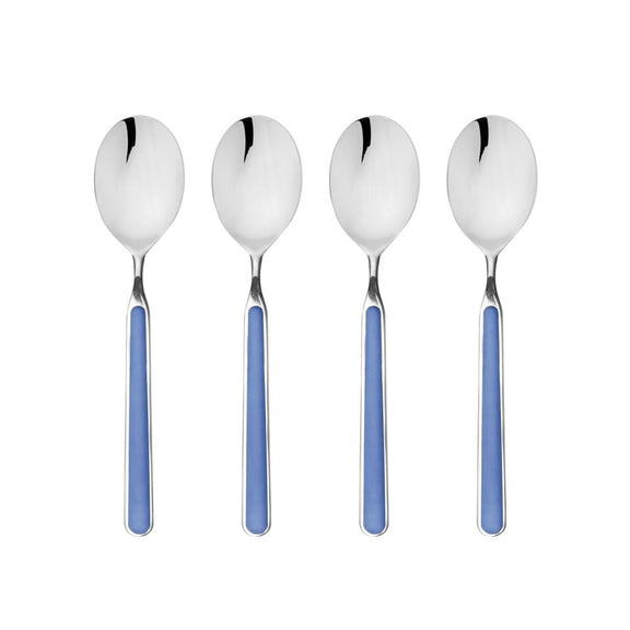 Four silver spoons with blue handles on a white background