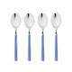 Four silver spoons with blue handles on a white background