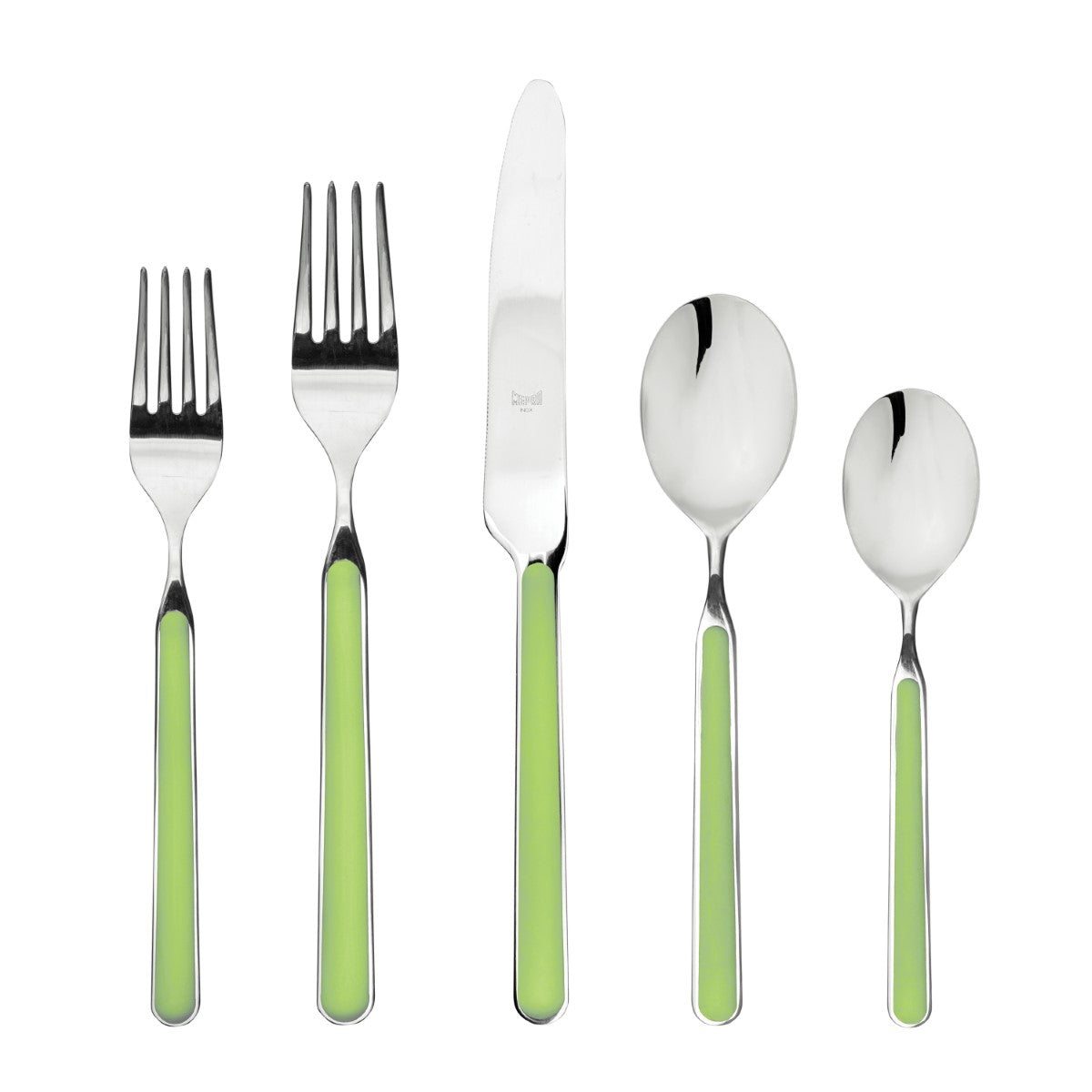 Set of silver cutlery with green handles on a white background