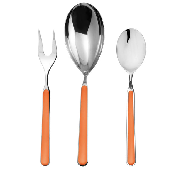 Set of silver cutlery with orange handles on a white background