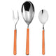 Set of silver cutlery with orange handles on a white background