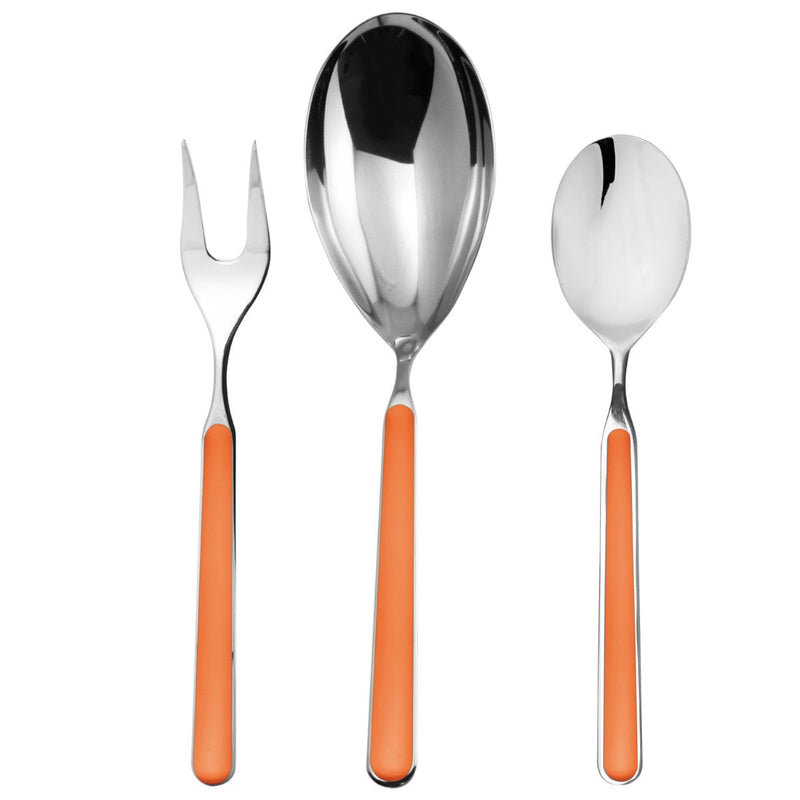 Set of silver cutlery with orange handles on a white background