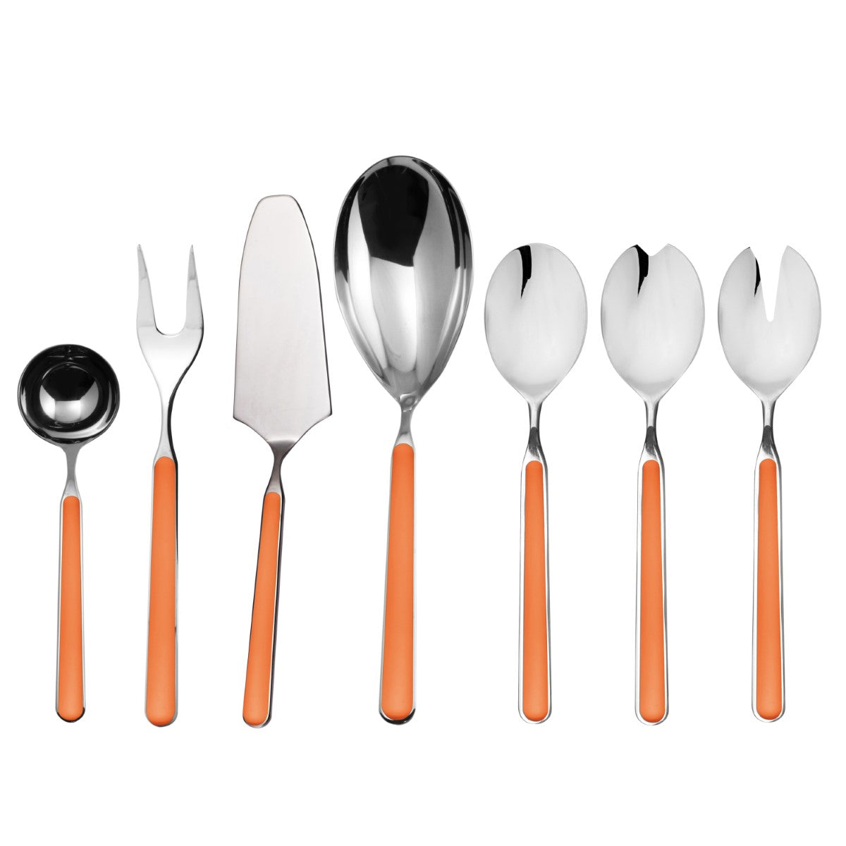 Set of silver cutlery with orange handles on a white background