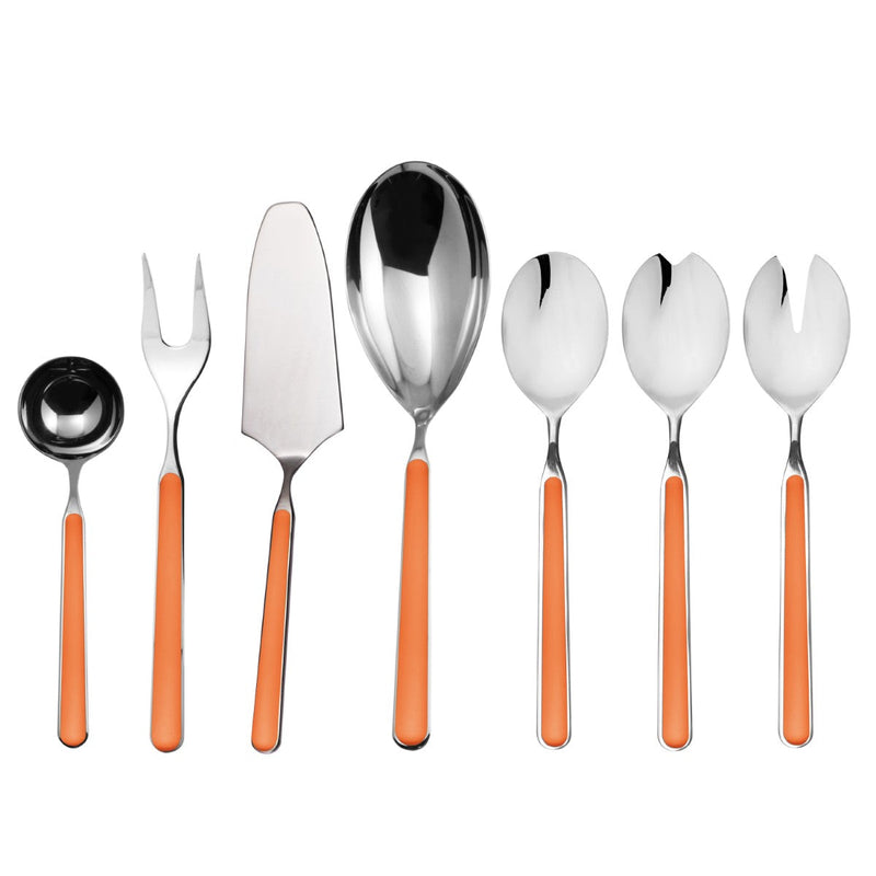Set of silver cutlery with orange handles on a white background