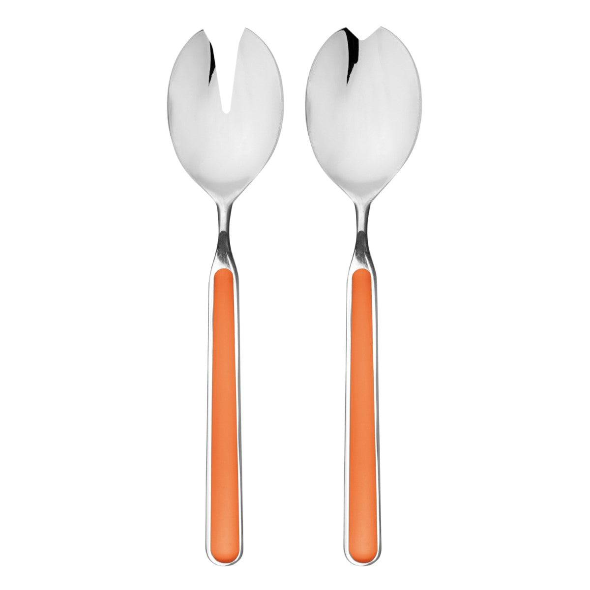 Two silver spoons with orange handles on a white background
