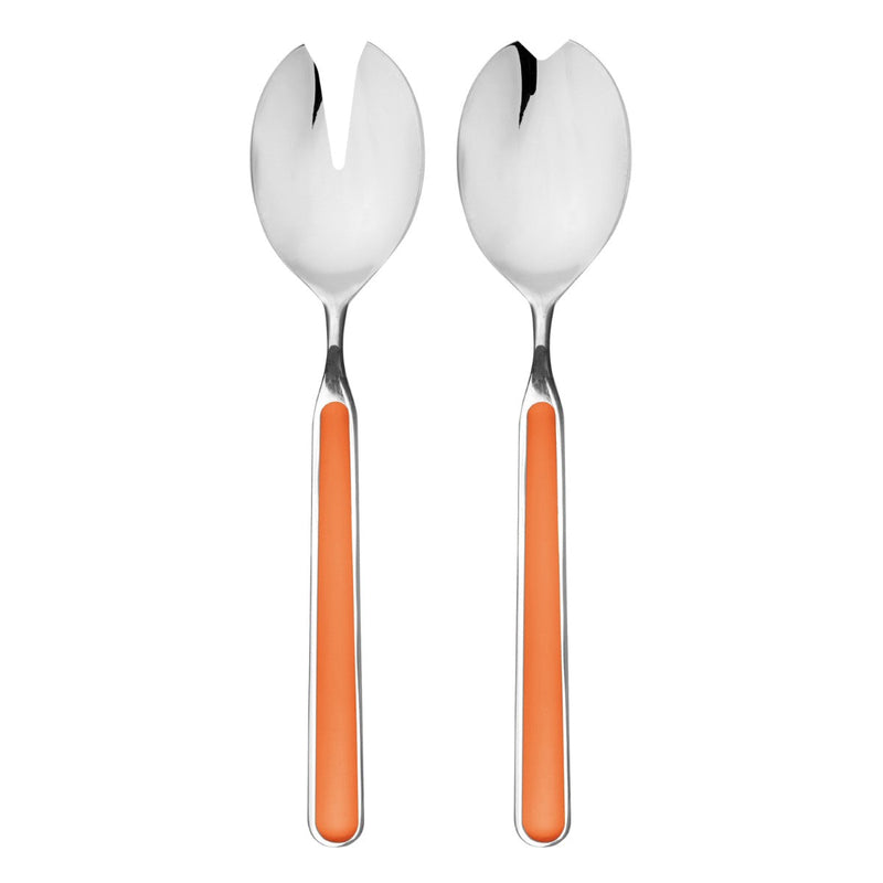 Two silver spoons with orange handles on a white background