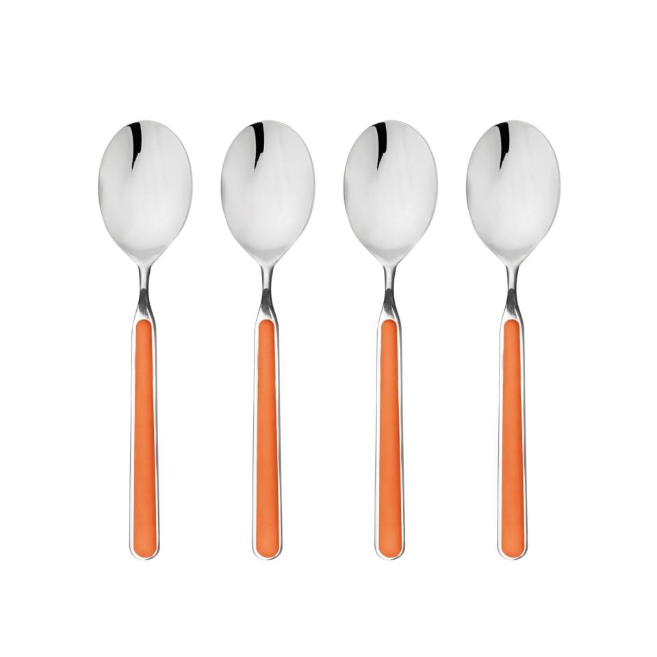 Four silver spoons with orange handles on a white background