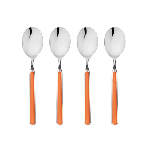 Four silver spoons with orange handles on a white background