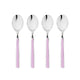 Four silver spoons with pink handles on a white background