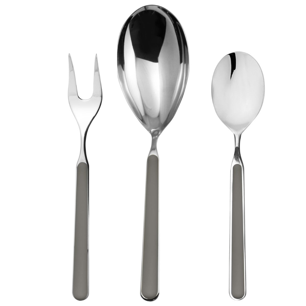 Set of silver cutlery including a fork, spoon, and another spoon on a white background