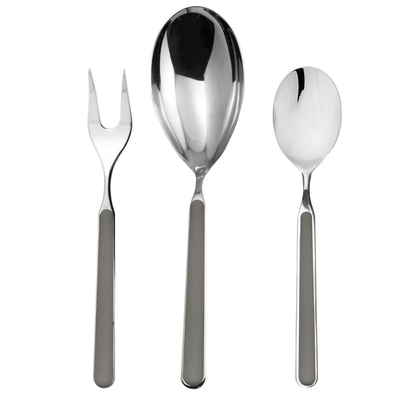 Set of silver cutlery including a fork, spoon, and another spoon on a white background