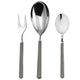 Set of silver cutlery including a fork, spoon, and another spoon on a white background