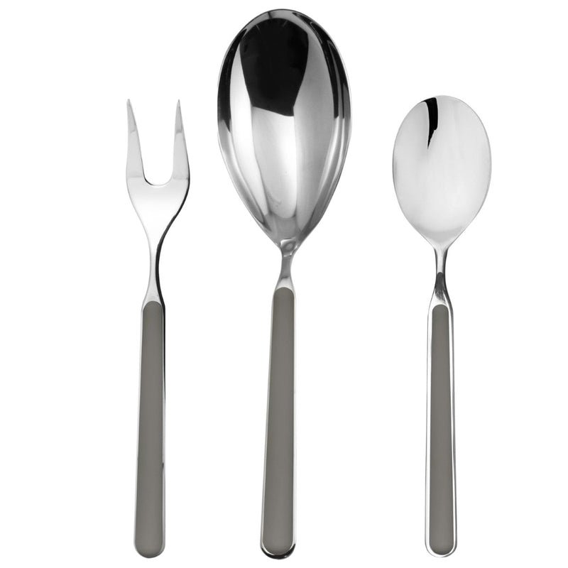 Set of silver cutlery including a fork, spoon, and another spoon on a white background