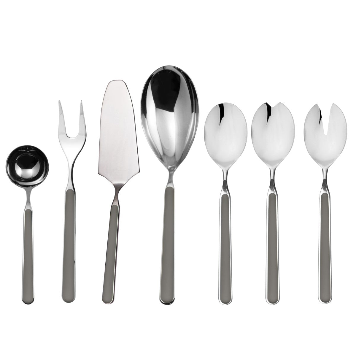 Set of silver cutlery including spoons, forks, and a knife on a white background