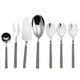 Set of silver cutlery including spoons, forks, and a knife on a white background