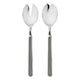 Two silver salad servers on a white background