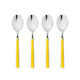 Four silver spoons with yellow handles on a white background