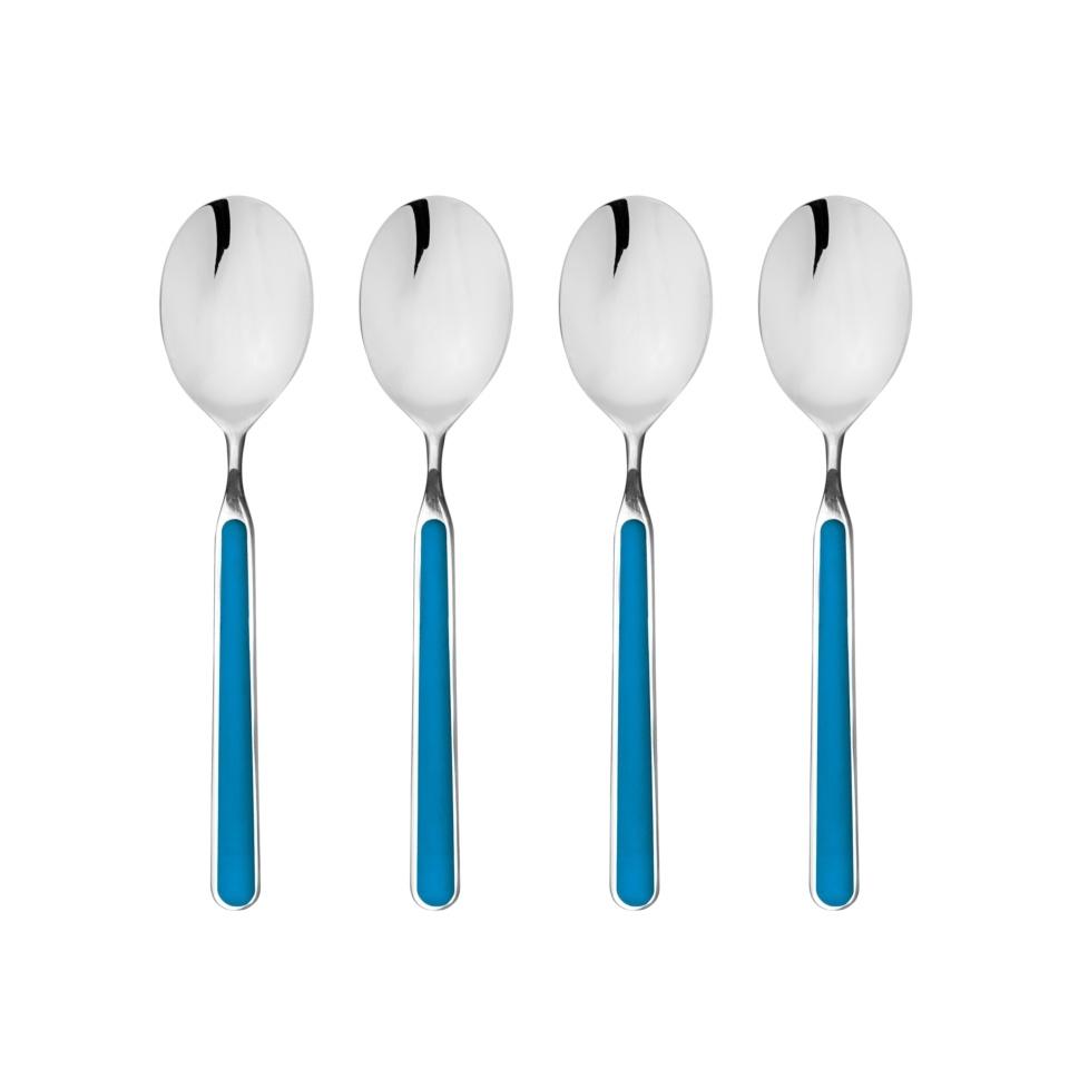 Four spoons with blue handles on a white background